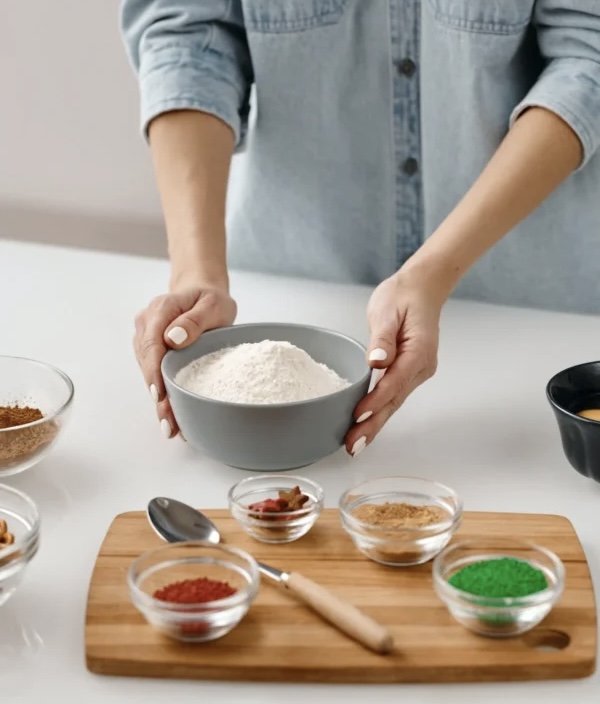 Someone holding a bowl of flour, with a cutting board in front of them, with small glass bowls on it that are filled with other flours of different colors.